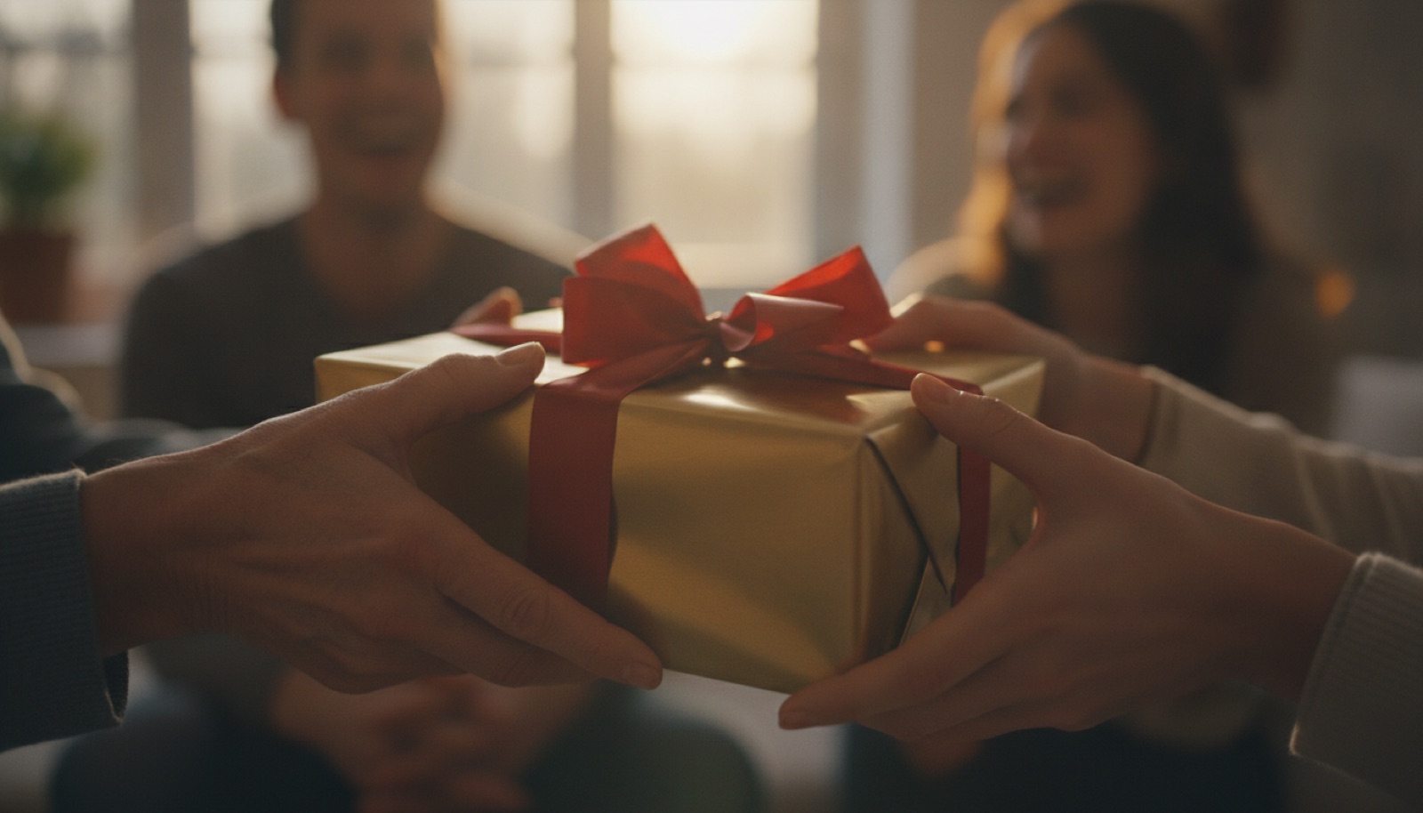 Ein Geschenk wird von Hand zu Hand gereicht, im Hintergrund lachende Menschen