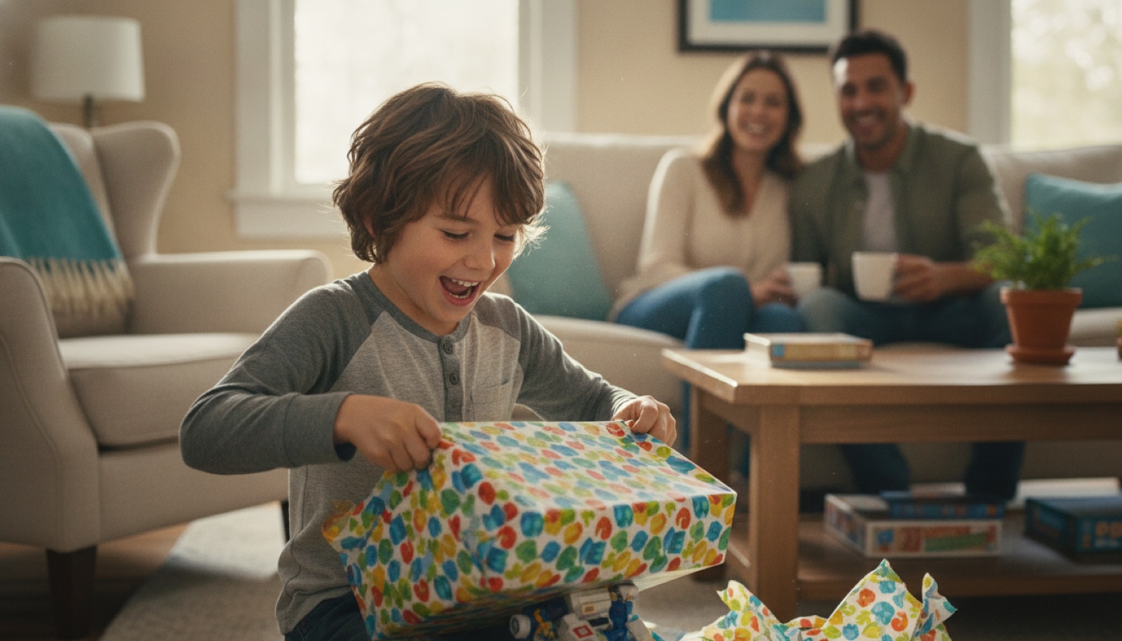 Ein Kind reißt begeistert Geschenkpapier auf, die Familie sitzt lachend drumherum