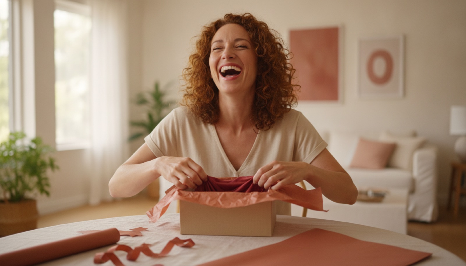 Eine Frau strahlt beim Auspacken ihres Geschenks, ihr Partner freut sich mit